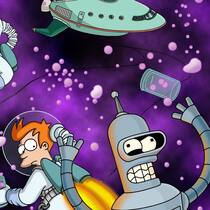 Die drei interstellaren Chaos-Kuriere Leela, Fry und Bender.
