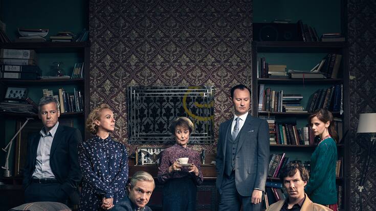 Picture shows: D.I. Lestrade (RUPERT GRAVES), Mary Watson (AMANDA ABBINGTON), John Watson (MARTIN FREEMAN), Mrs Hudson (UNA STUBBS), Mycroft Holmes (MARK GATISS), Sherlock Holmes (BENEDICT CUMBERBATCH) and Molly Hooper (LOUISE BREALEY).