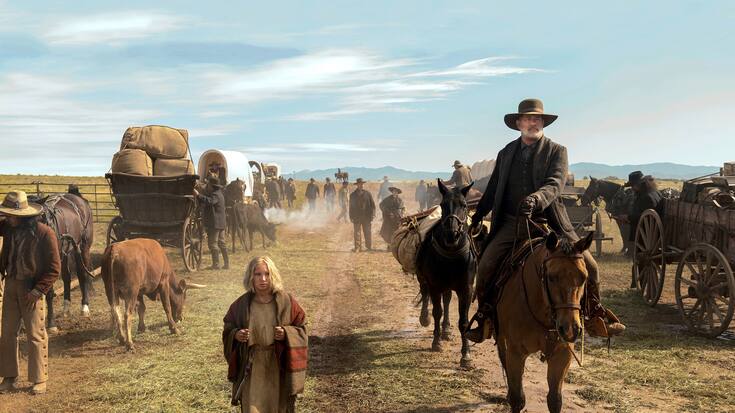 (from left) Johanna Leonberger (Helena Zengel) and Captain Jefferson Kyle Kidd (Tom Hanks) in News of the World, co-written and directed by Paul Greengrass.