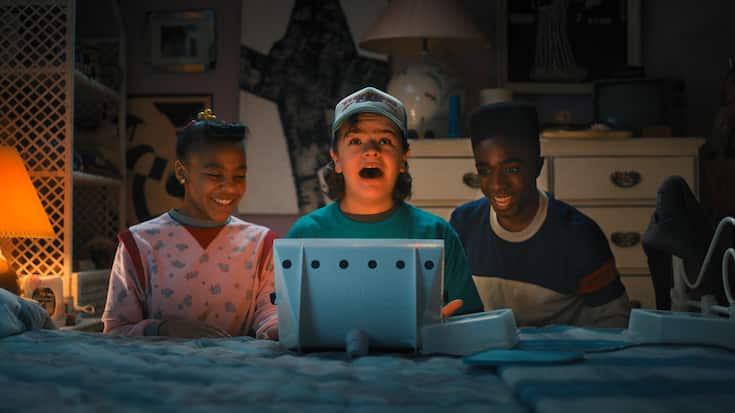 STRANGER THINGS. (L to R) Priah Ferguson as Erica Sinclair, Gaten Matarazzo as Dustin Henderson and Caleb McLaughlin as Lucas Sinclair in STRANGER THINGS. Cr. Courtesy of Netflix  Â© 2022