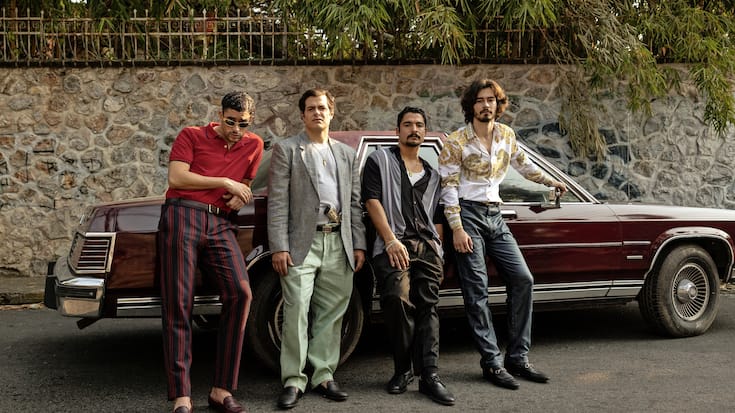 NARCOS MEXICO (L to R) BENITO ANTONIO MARTÃNEZ OCASIO as ARTURO âKITTYâ PÃEZ, ALFONSO DOSAL as BENJAMIN ARELLANO FELI, BOBBY SOTO as DAVID BARRON, and MANUEL MASALVA as RAMON ARELLANO FELIX in episode 305 of NARCOS MEXICO Cr. JUAN ROSAS/NETFLIX Â© 2021