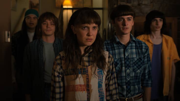 STRANGER THINGS. (L to R) Eduardo Franco as Argyle, Charlie Heaton as Jonathan, Millie Bobby Brown as Eleven, Noah Schnapp as Will Byers, and Finn Wolfhard as Mike Wheeler in STRANGER THINGS. Cr. Courtesy of Netflix  Â© 2022