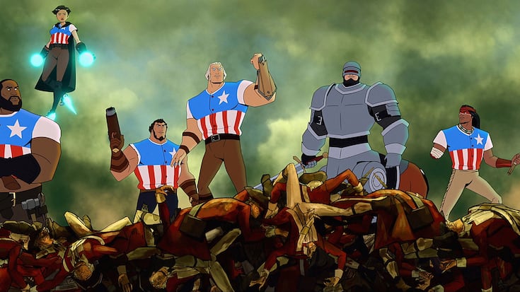 AMERICA: THE MOTION PICTURE - (L-R) Killer Mike as "Blacksmith", Oliva Munn as "Thomas Edison", Jason Mantzoukas as "Samuel Adams", Channing Tatum as "George Washington", Bobby Moynihan as "Paul Revere" and Raoul Max Trujillo as "Geronimo". Cr: America, The Motion Picture, LLC. Â© 2021