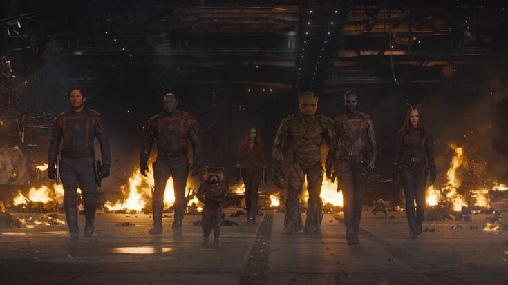 (L-R): Chris Pratt as Peter Quill/Star-Lord, Dave Bautista as Drax, Rocket (voiced by Bradley Cooper), Zoe Saldana as Gamora, Groot (voiced by Vin Diesel), Karen Gillan as Nebula, and Pom Klementieff as Mantis in Marvel Studios' Guardians of the Galaxy Vol. 3. Photo courtesy of Marvel Studios. Â© 2023 MARVEL.
