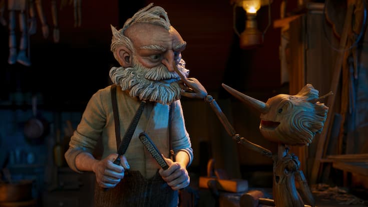 Guillermo del Toro's Pinocchio - (L-R) Gepetto (voiced by David Bradley) and Pinocchio (voiced by Gregory Mann). Cr: Netflix Â© 2022