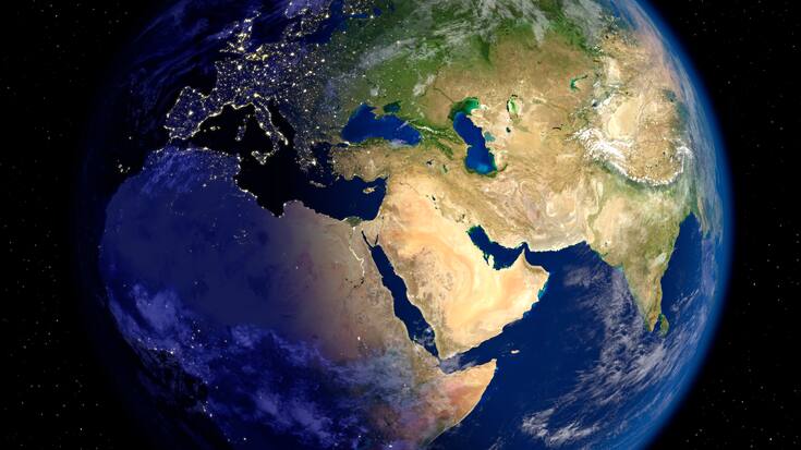 Planet Earth at Night & Day with stars. (Europe & Asia) 