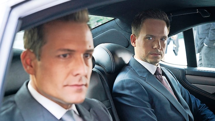 SUITS -- "Inevitable" Episode 713 -- Pictured: (l-r) Gabriel Macht as Harvey Specter, Patrick J. Adams as Mike Ross -- (Photo by: Ian Watson/USA Network)