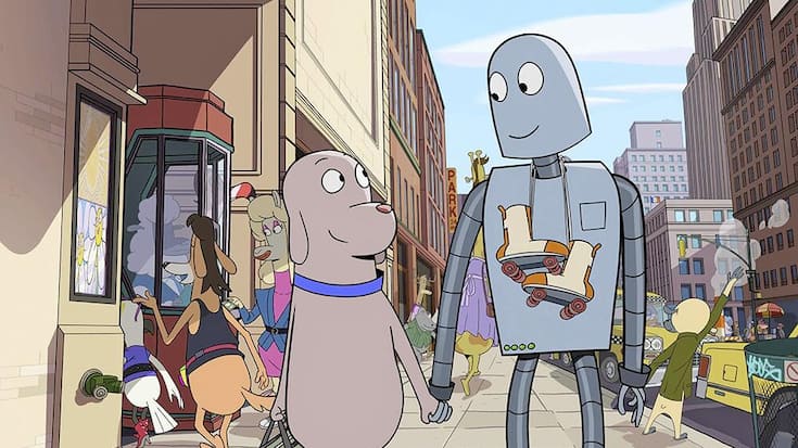 Dog spaziert mit seinem neuen Roboterfreund durch New York.