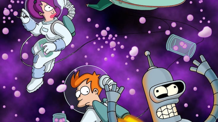 Die drei interstellaren Chaos-Kuriere Leela, Fry und Bender.