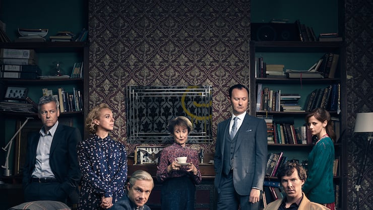 Picture shows: D.I. Lestrade (RUPERT GRAVES), Mary Watson (AMANDA ABBINGTON), John Watson (MARTIN FREEMAN), Mrs Hudson (UNA STUBBS), Mycroft Holmes (MARK GATISS), Sherlock Holmes (BENEDICT CUMBERBATCH) and Molly Hooper (LOUISE BREALEY).