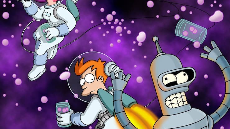 Die drei interstellaren Chaos-Kuriere Leela, Fry und Bender.