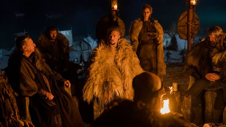The Last Kingdom: Seven Kings Must Die. John Buick as King Owain, Ross Anderson as Domnal, Alexander Dreymon as Uhtred, Ingrid Garcia Jonsson as Brand and Rob Hallett as King Constantin