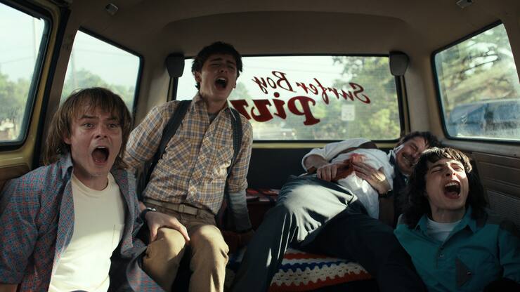 STRANGER THINGS. (L to R) Charlie Heaton as Johnathan Byers, Noah Schnapp as Will Byers and Finn Wolfhard as Mike Wheeler in STRANGER THINGS. Cr. Courtesy of Netflix Â© 2022