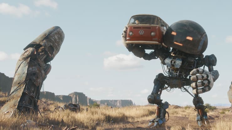 Fortbewegung mal anders: Herman schultert den Bus von Keats.