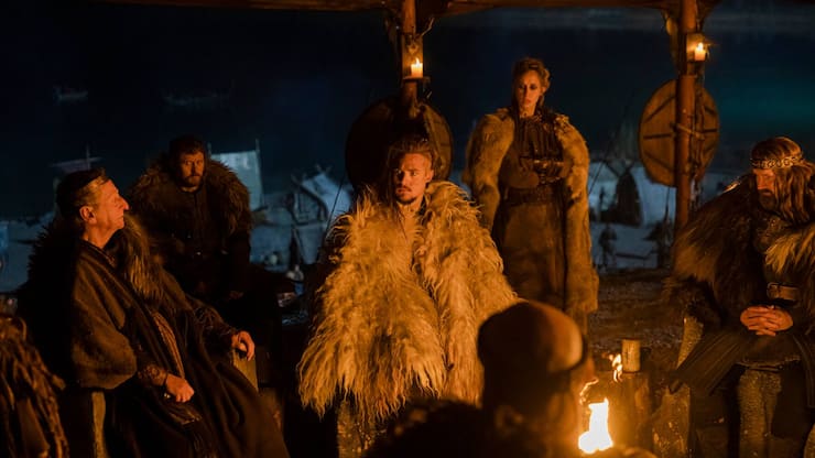 The Last Kingdom: Seven Kings Must Die. John Buick as King Owain, Ross Anderson as Domnal, Alexander Dreymon as Uhtred, Ingrid Garcia Jonsson as Brand and Rob Hallett as King Constantin