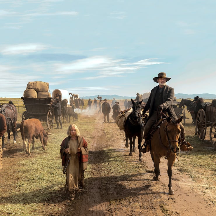 (from left) Johanna Leonberger (Helena Zengel) and Captain Jefferson Kyle Kidd (Tom Hanks) in News of the World, co-written and directed by Paul Greengrass.