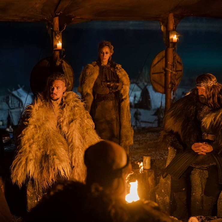 The Last Kingdom: Seven Kings Must Die. John Buick as King Owain, Ross Anderson as Domnal, Alexander Dreymon as Uhtred, Ingrid Garcia Jonsson as Brand and Rob Hallett as King Constantin