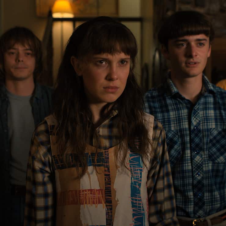 STRANGER THINGS. (L to R) Eduardo Franco as Argyle, Charlie Heaton as Jonathan, Millie Bobby Brown as Eleven, Noah Schnapp as Will Byers, and Finn Wolfhard as Mike Wheeler in STRANGER THINGS. Cr. Courtesy of Netflix © 2022