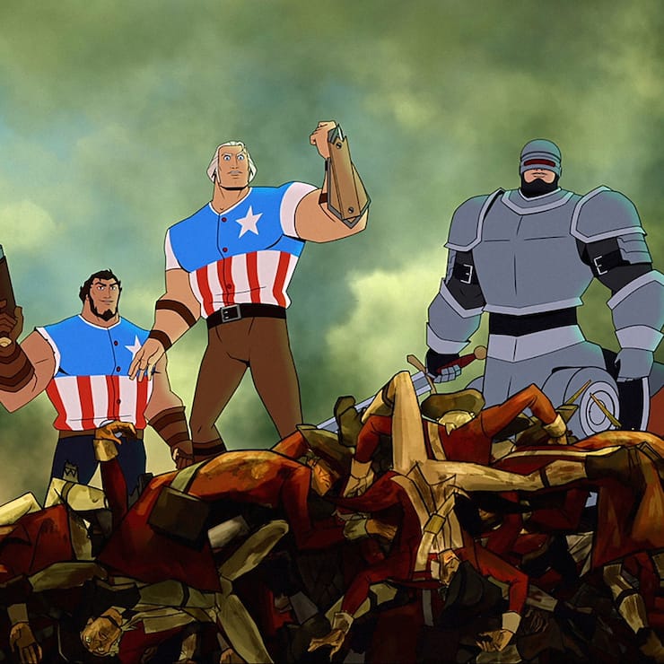 AMERICA: THE MOTION PICTURE - (L-R) Killer Mike as "Blacksmith", Oliva Munn as "Thomas Edison", Jason Mantzoukas as "Samuel Adams", Channing Tatum as "George Washington", Bobby Moynihan as "Paul Revere" and Raoul Max Trujillo as "Geronimo". Cr: America, The Motion Picture, LLC. Â© 2021