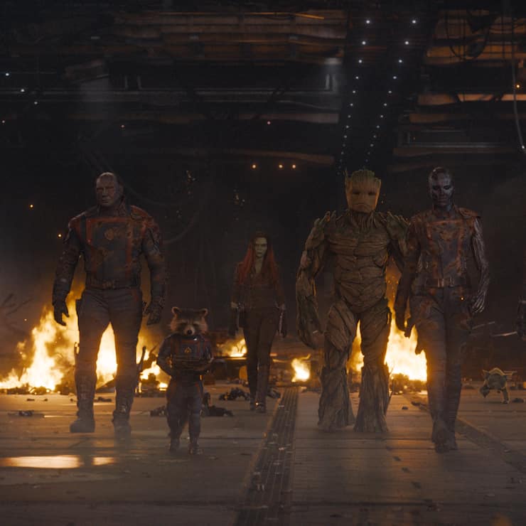(L-R): Chris Pratt as Peter Quill/Star-Lord, Dave Bautista as Drax, Rocket (voiced by Bradley Cooper), Zoe Saldana as Gamora, Groot (voiced by Vin Diesel), Karen Gillan as Nebula, and Pom Klementieff as Mantis in Marvel Studios' Guardians of the Galaxy Vol. 3. Photo courtesy of Marvel Studios. Â© 2023 MARVEL.