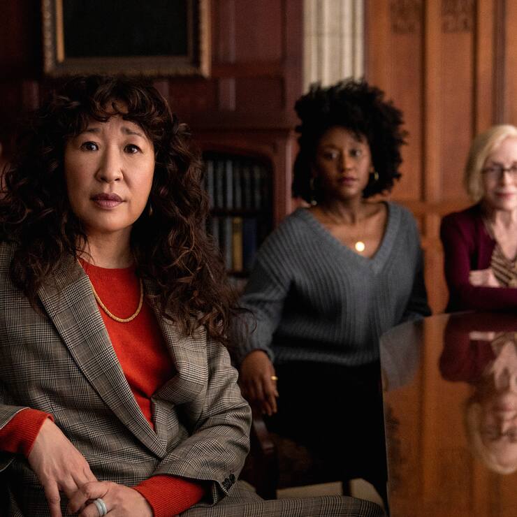 THE CHAIR (L to R) SANDRA OH as JI-YOON, NANA MENSAH as YAZ, and HOLLAND TAYLOR as JOAN in episode 106 of THE CHAIR Cr. ELIZA MORSE/NETFLIX Â© 2021
