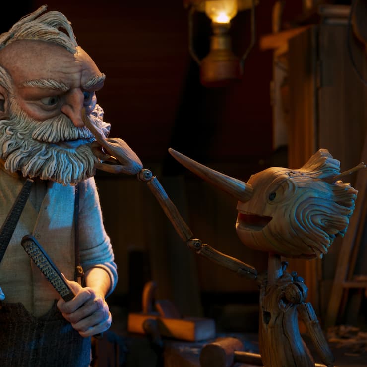 Guillermo del Toro's Pinocchio - (L-R) Gepetto (voiced by David Bradley) and Pinocchio (voiced by Gregory Mann). Cr: Netflix Â© 2022