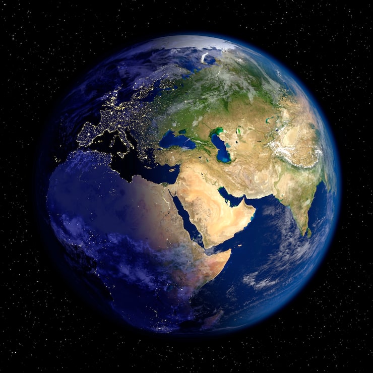 Planet Earth at Night & Day with stars. (Europe & Asia) 