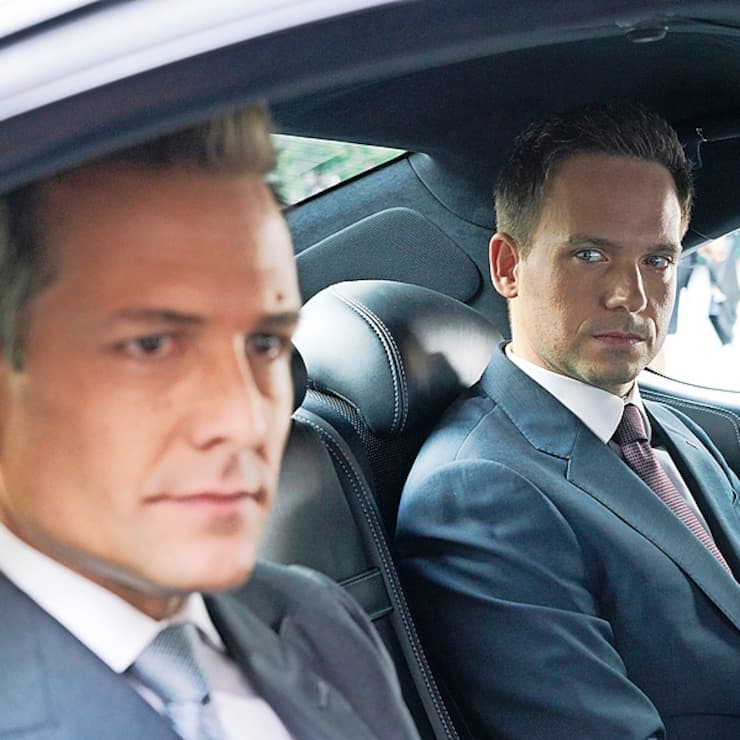 SUITS -- "Inevitable" Episode 713 -- Pictured: (l-r) Gabriel Macht as Harvey Specter, Patrick J. Adams as Mike Ross -- (Photo by: Ian Watson/USA Network)