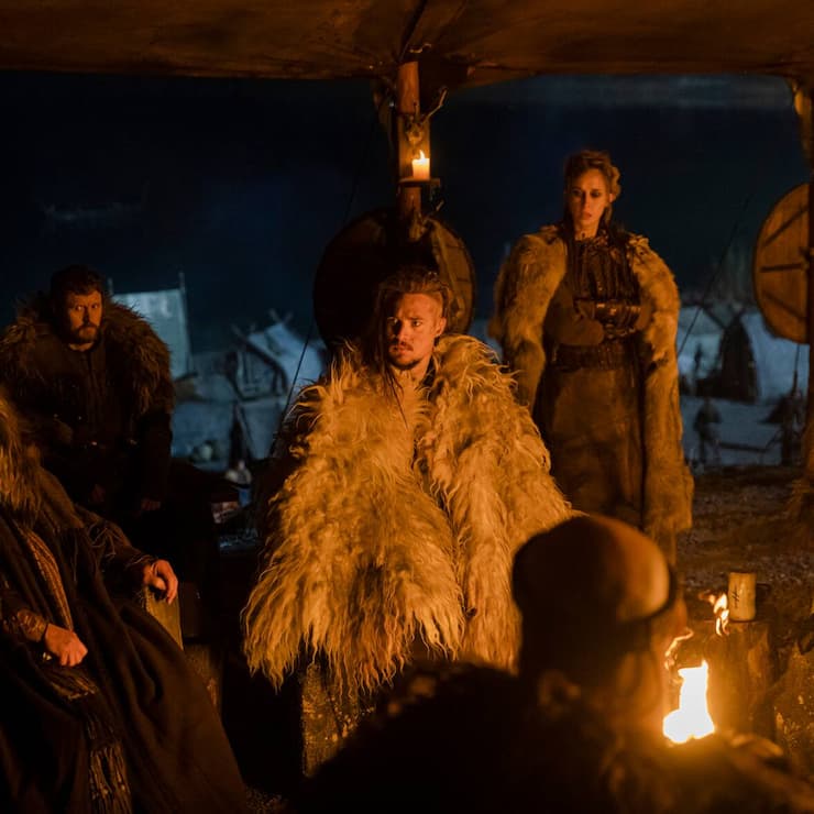 The Last Kingdom: Seven Kings Must Die. John Buick as King Owain, Ross Anderson as Domnal, Alexander Dreymon as Uhtred, Ingrid Garcia Jonsson as Brand and Rob Hallett as King Constantin