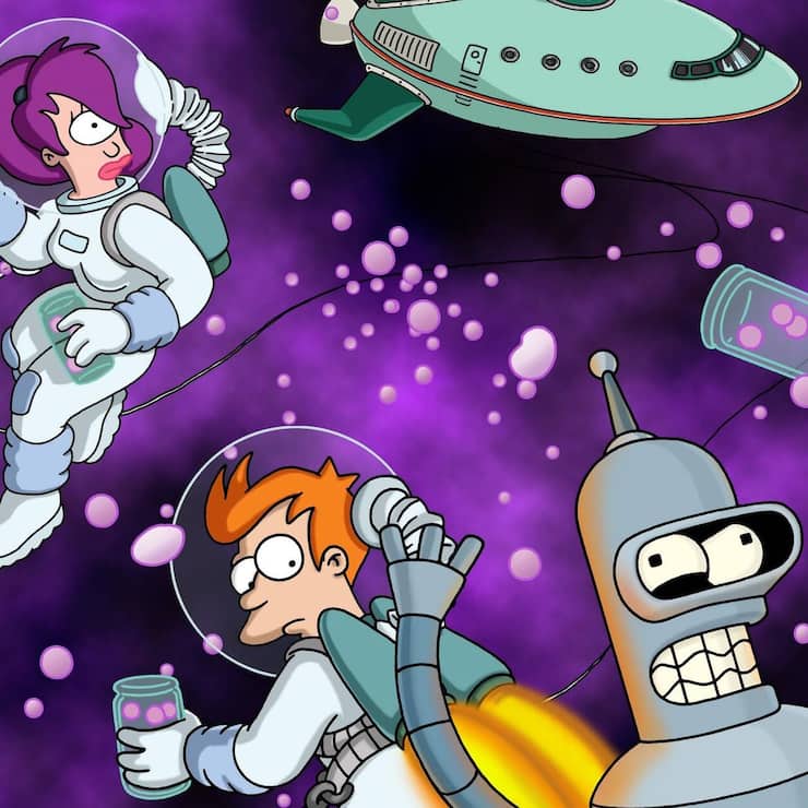 Die drei interstellaren Chaos-Kuriere Leela, Fry und Bender.