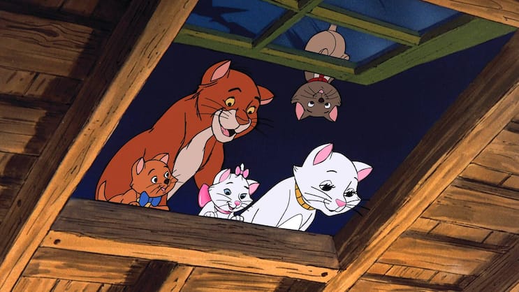 Die Aristocats: Berlioz, Marie, Toulouse und Duchess mit Streuner J.Thomas O Malley