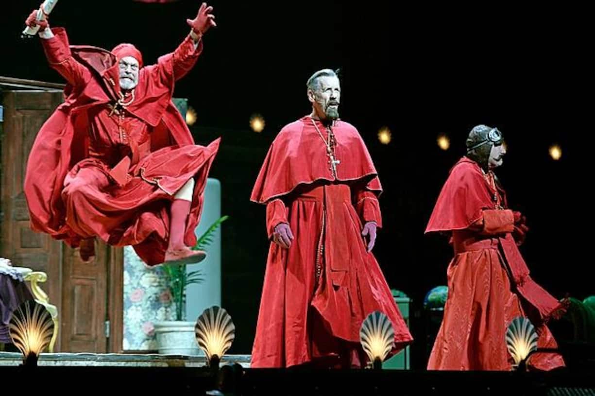 LONDON, ENGLAND - JULY 01: (EXCLUSIVE COVERAGE) (L-R) Terry Gilliam, Michael Palin and Terry Jones perform on the opening night of "Monty Python Live (Mostly)" on July 1, 2014 in London, England. (Photo by Dave J Hogan/Getty Images)