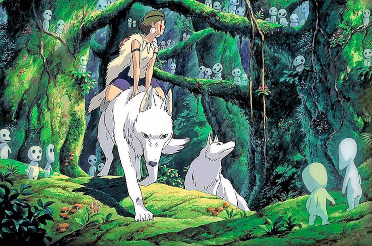 BU: Verbissen kämpft Prinzessin Mononoke an der Seite der Wolfsgöttin gegen Eboshi und ihre Eisenhütte.