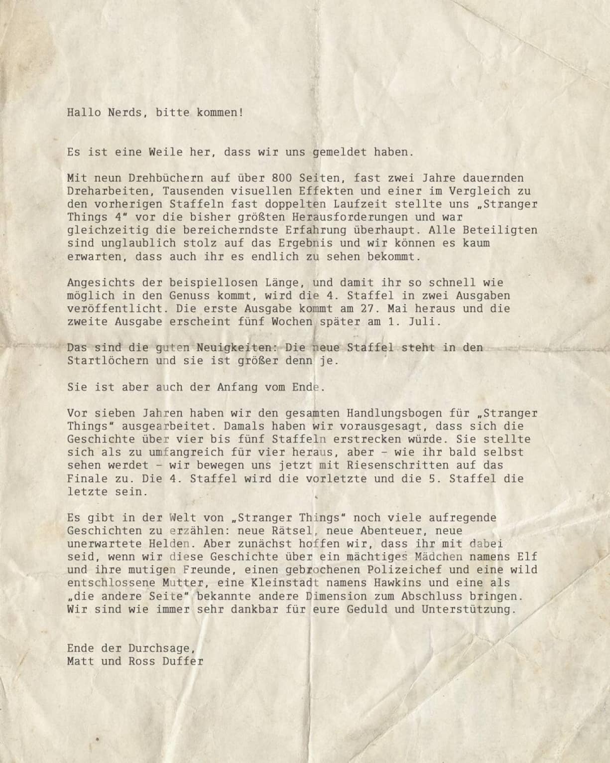 Offener Brief von Matt und Ross Duffer.
