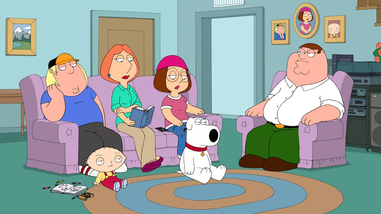 Serie Family Guy, von links: Chris Griffin, Stewie Griffin, Lois Griffin, Meg Griffin, Brian the dog, Peter Griffin