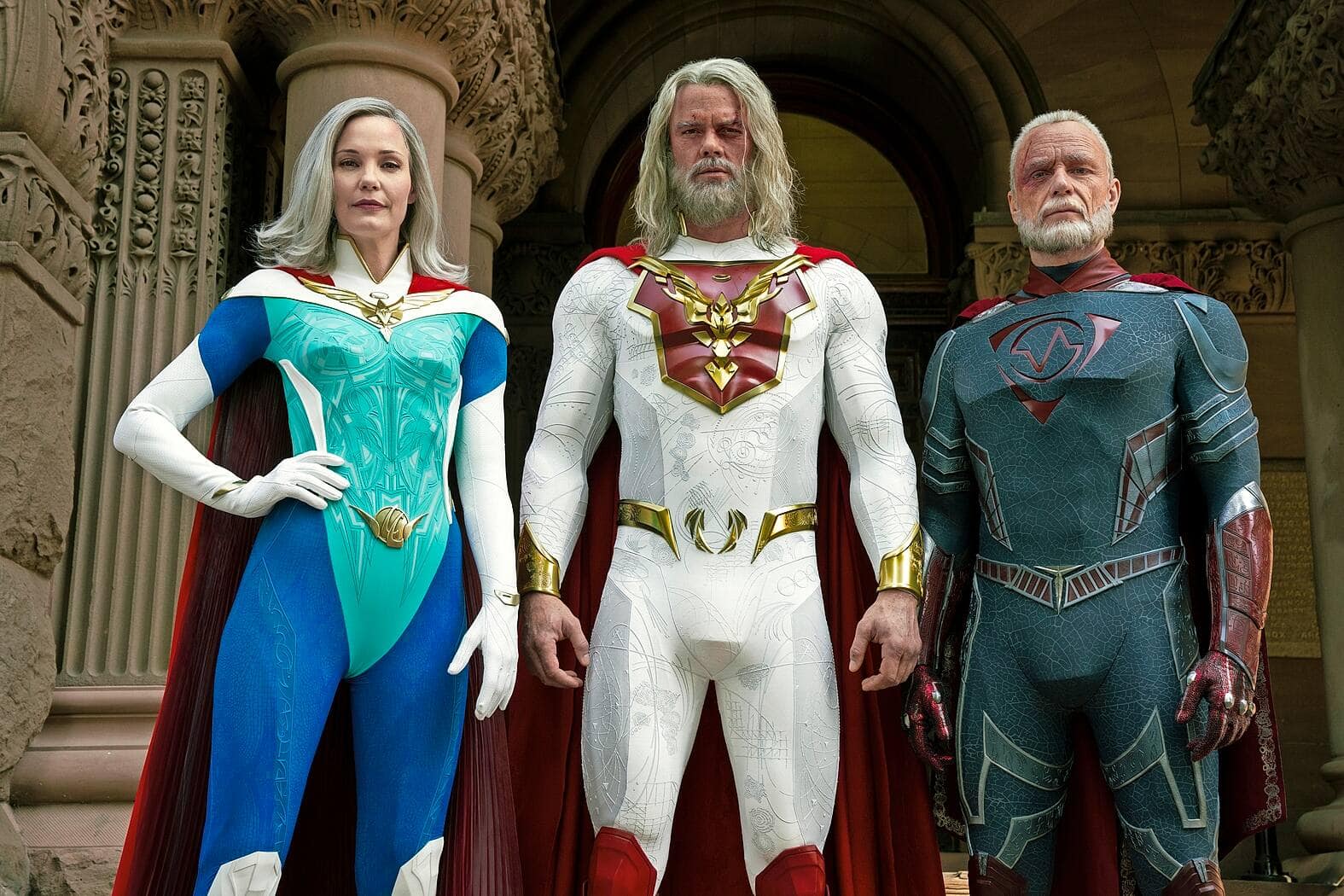 JUPITER'S LEGACY (L-R) LESLIE BIBB as GRACE SAMPSON, JOSH DUHAMEL as SHELDON SAMPSON, and BEN DANIELS as WALTER SAMPSON in episode 2 of JUPITER'S LEGACY. Cr. STEVE WILKIE/NETFLIX Â© 2020