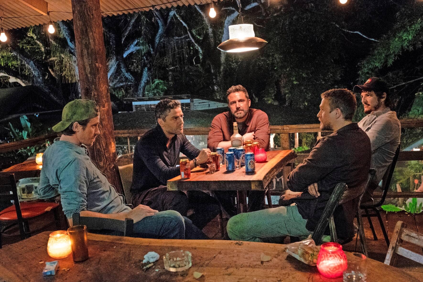 TRIPLE FRONTIER (2019) - pictured L-R: Garrett Hedlund ("Ben"), Oscar Isaac ("Pope"), Ben Affleck ("Redfly"), Charlie Hunnam ("Ironhead"), and Pedro Pascal ("Catfish") Photo by Melinda Sue Gordon / Courtesy of Netflix TF_DAY31-0124.RAF