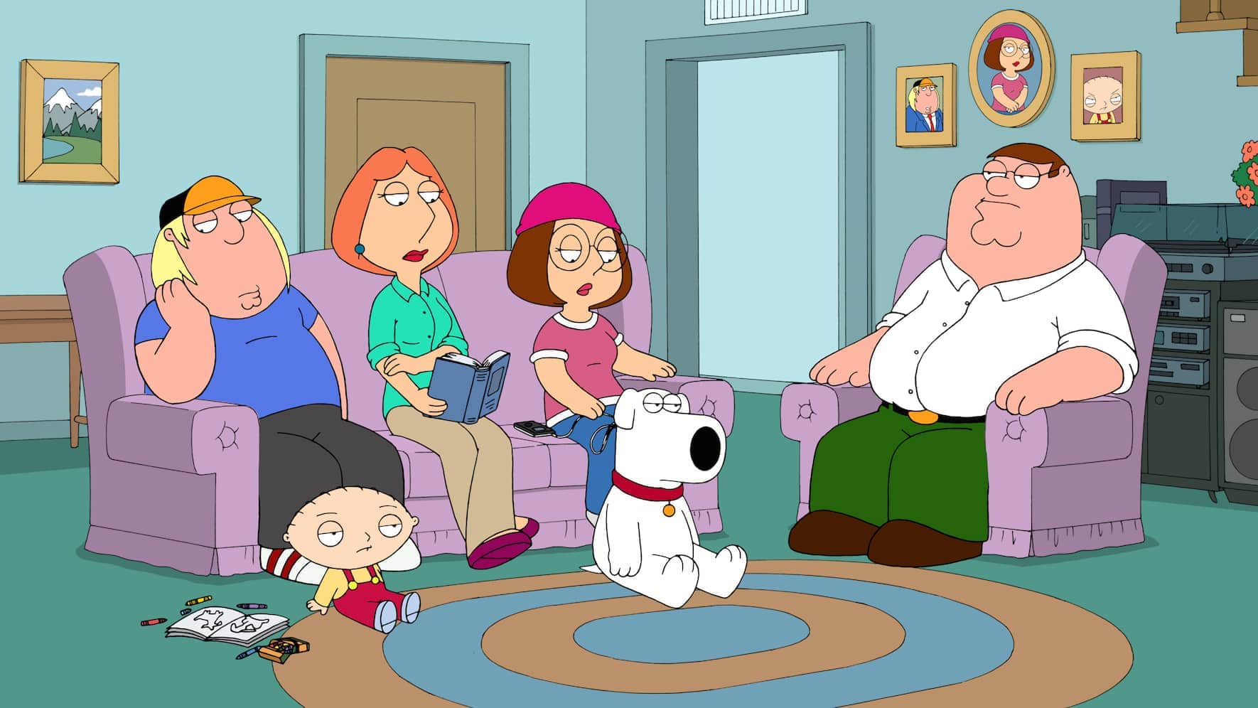 Serie Family Guy, von links: Chris Griffin, Stewie Griffin, Lois Griffin, Meg Griffin, Brian the dog, Peter Griffin