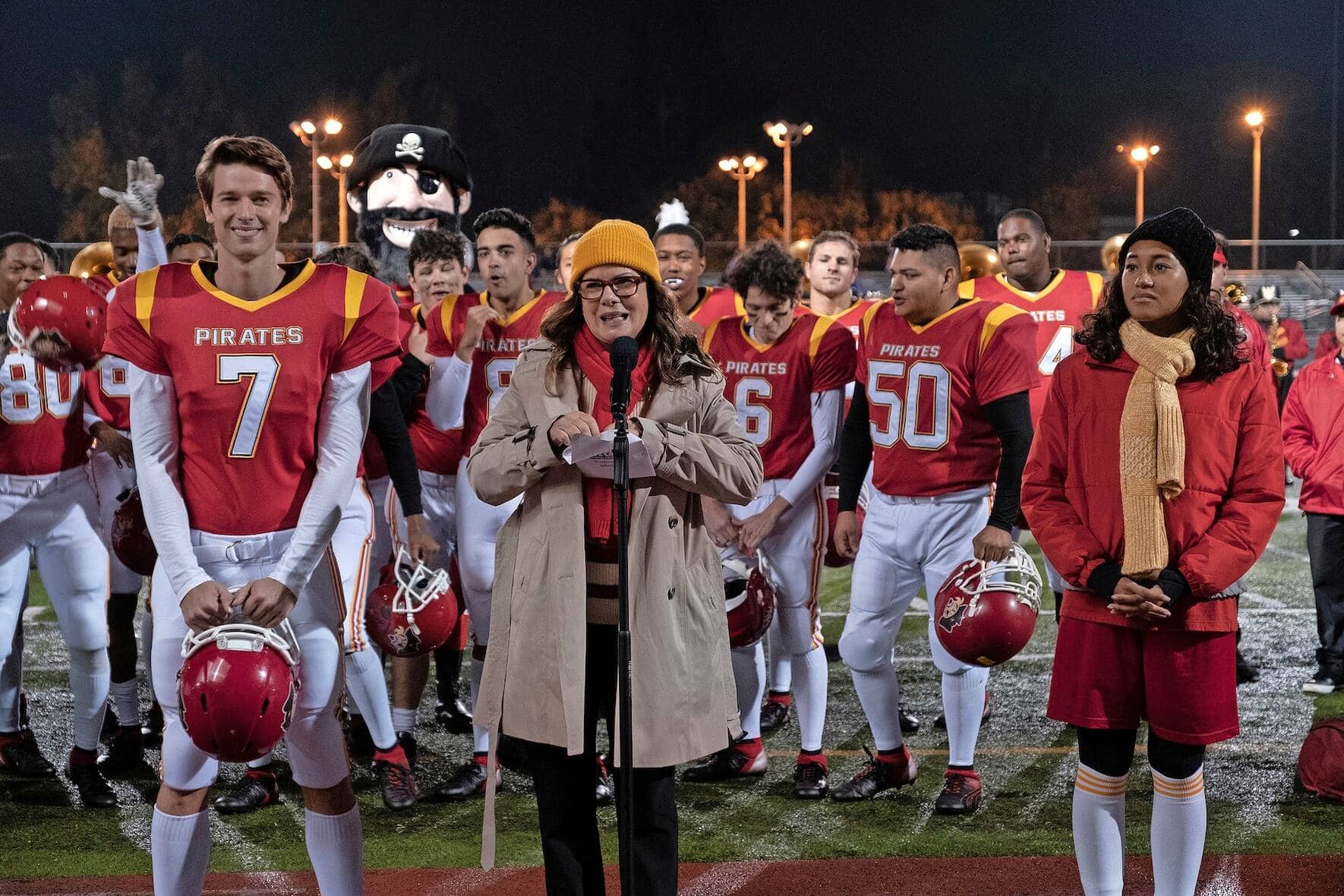 Moxie. Patrick Schwarzenegger as Mitchell, Marcia Gay Harden as Principal Shelly, Sydney Park as Kiera in Moxie. Cr Colleen Hayes/NETFLIX ?? 2020