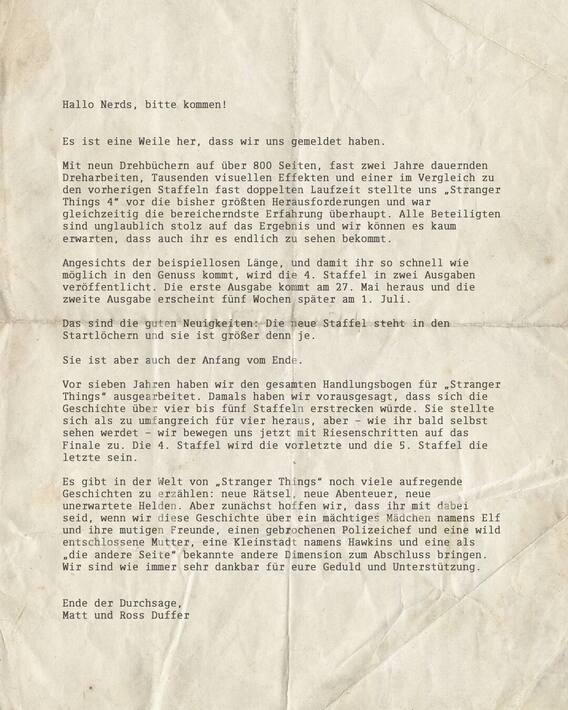 Offener Brief von Matt und Ross Duffer.