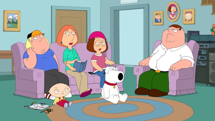 Serie Family Guy, von links: Chris Griffin, Stewie Griffin, Lois Griffin, Meg Griffin, Brian the dog, Peter Griffin