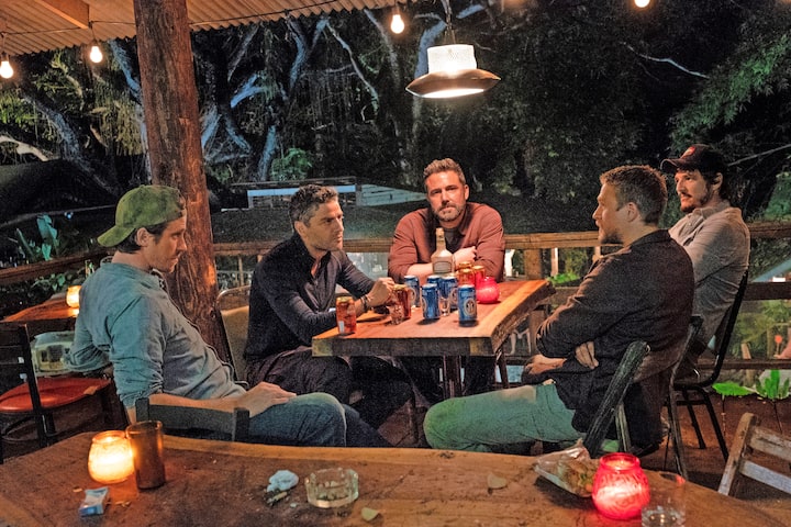 TRIPLE FRONTIER (2019) - pictured L-R: Garrett Hedlund ("Ben"), Oscar Isaac ("Pope"), Ben Affleck ("Redfly"), Charlie Hunnam ("Ironhead"), and Pedro Pascal ("Catfish") Photo by Melinda Sue Gordon / Courtesy of Netflix TF_DAY31-0124.RAF